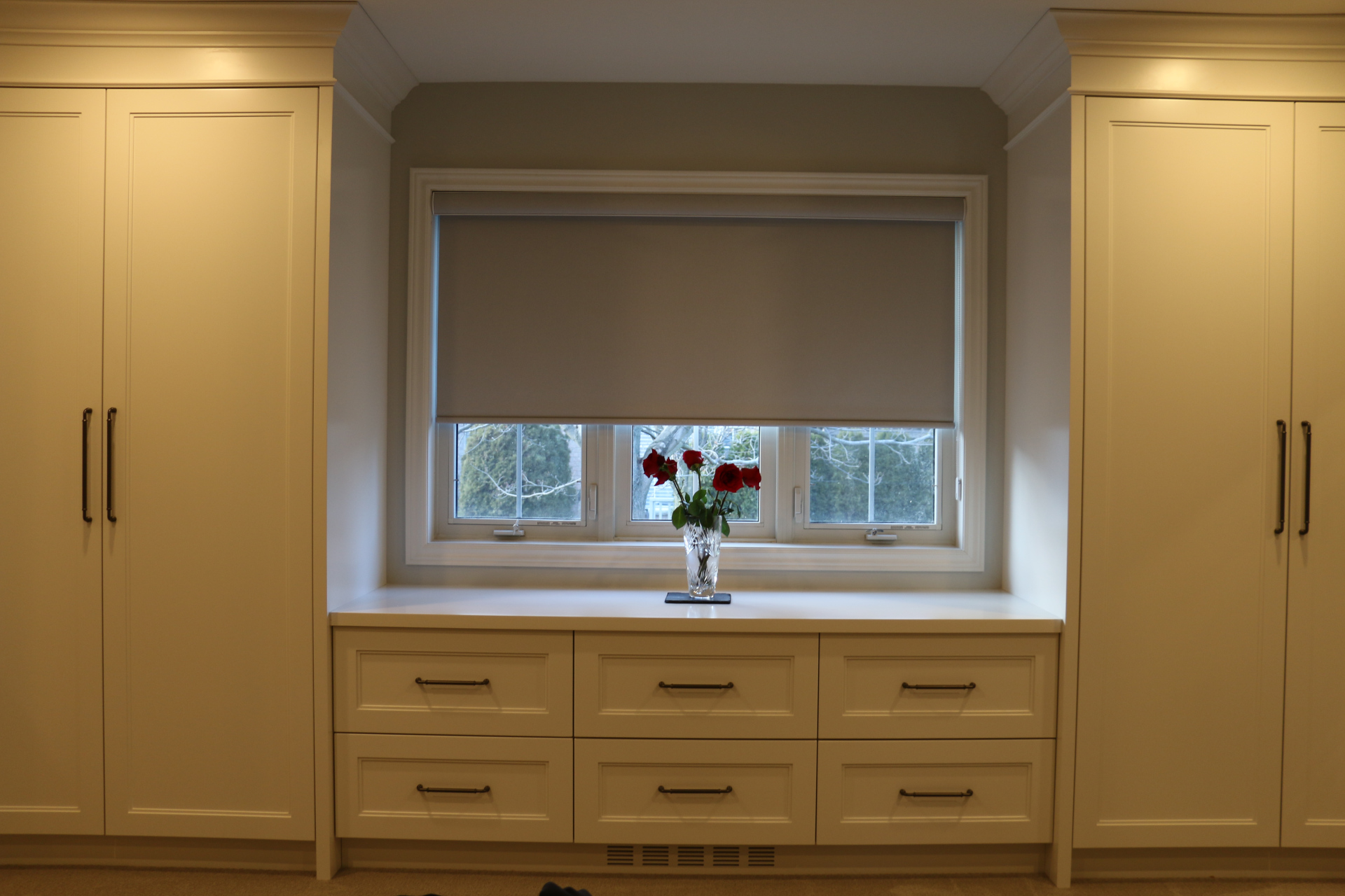 Master Bedroom : Roller Shade with enclosed valance. Fabric - Blackout 